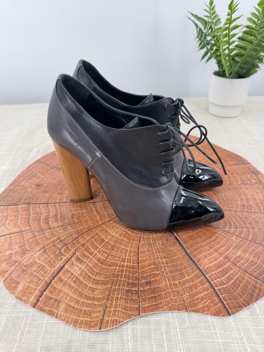 YSL Yves Saint Laurent Leather Oxford Heels Booties Black Patent Cap Toe Size 36 - Picture 8 of 12